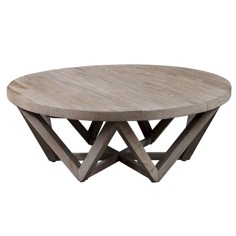 Mesa de centro redonda de madera de olmo recuperada de 48" con base geométrica