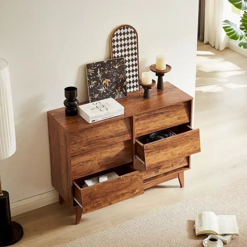 Cómoda de 6 cajones con diseño biselado y patas de madera maciza