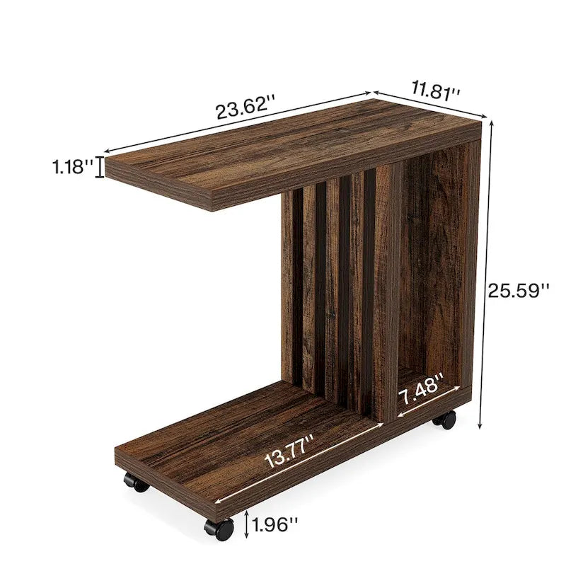 Mesa Auxiliar en Forma de C con Ruedas, 3 Niveles de Almacenamiento, Estilo Industrial