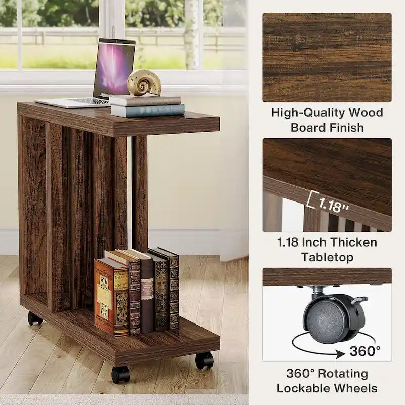 Mesa Auxiliar en Forma de C con Ruedas, 3 Niveles de Almacenamiento, Estilo Industrial