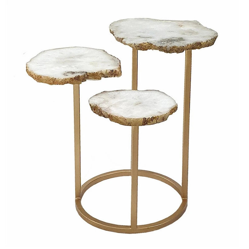 Mesa auxiliar de acento de 3 niveles con tapa de ágata y base de hierro, 18 pulgadas