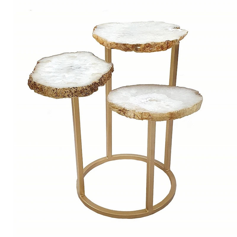Mesa auxiliar de acento de 3 niveles con tapa de ágata y base de hierro, 18 pulgadas