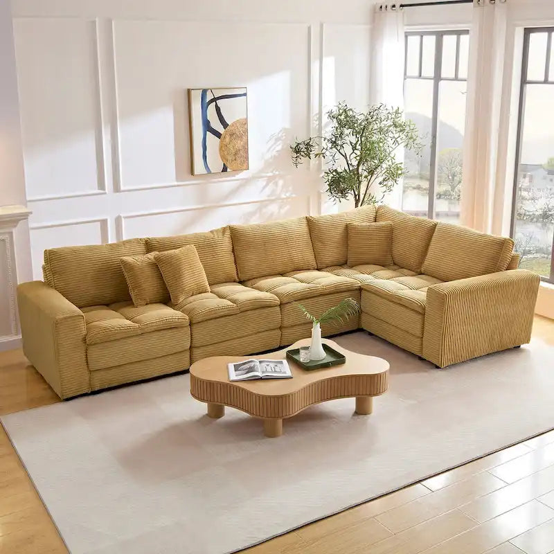 Sofá Seccional Modular de 5 Plazas, Pana Amarilla