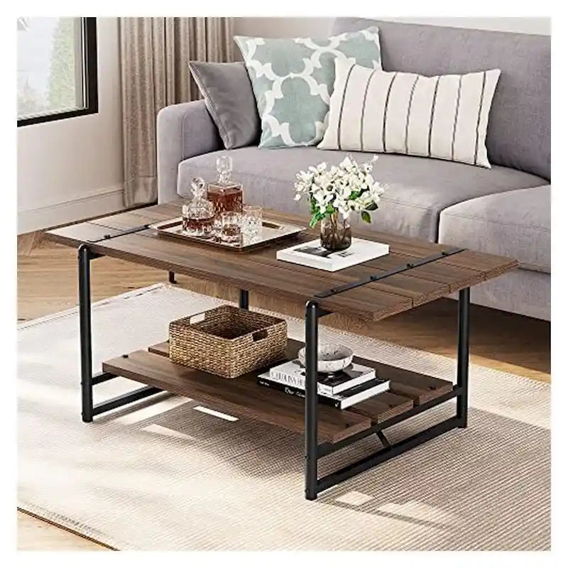 Mesa de centro de madera grande de 2 niveles con estante de almacenamiento