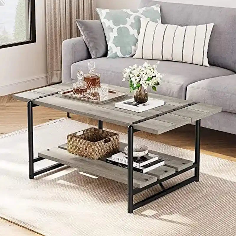 Mesa de centro de madera grande de 2 niveles con estante de almacenamiento
