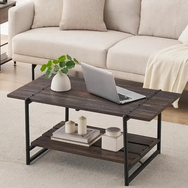 Mesa de centro de madera grande de 2 niveles con estante de almacenamiento