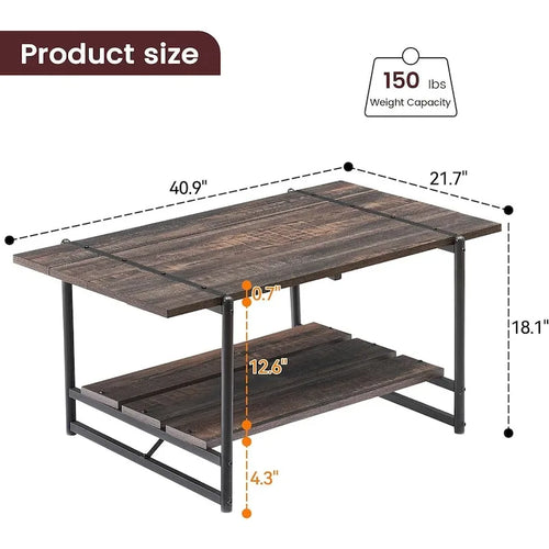 Mesa de centro de madera grande de 2 niveles con estante de almacenamiento