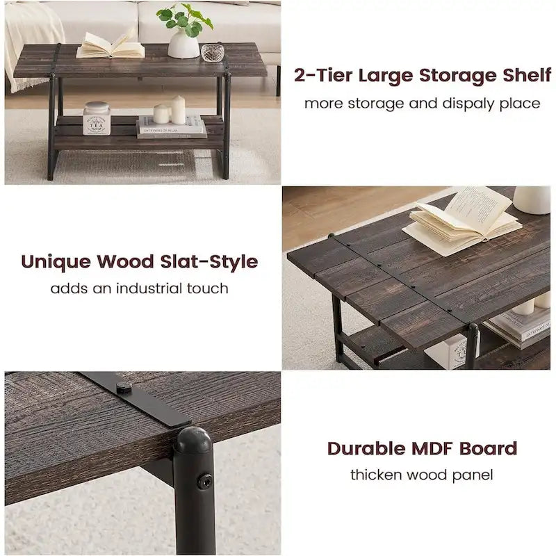 Mesa de centro de madera grande de 2 niveles con estante de almacenamiento