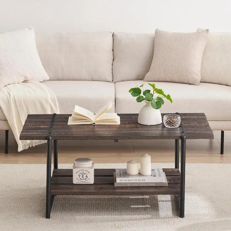 Mesa de centro de madera grande de 2 niveles con estante de almacenamiento